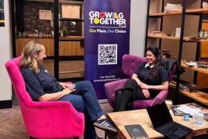 Crystal Ness from Our Future and Jose Davies at Community Roadshow for design of Strengthen and Grow funding pot at E-Factor Hive